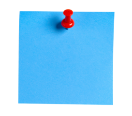 Blue paper note with push pin isolated on transparent background