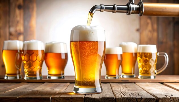 Beer pouring into a glass, surrounded by other full glasses