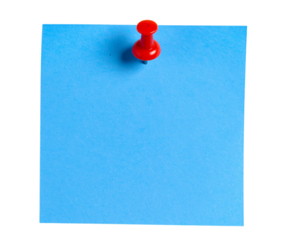 Blue paper note with push pin isolated on transparent background