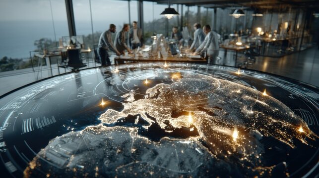 Global Business Strategy Meeting: Team Analyzing World Map Data on Interactive Table in Modern Office with Coastal View, Futuristic Technology