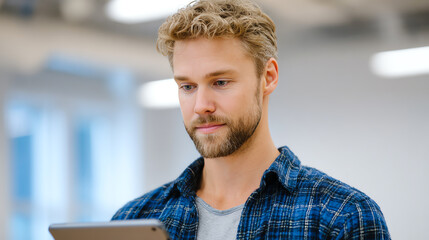 Young man using a tablet in a bright, modern office space, focused on his work with a professional appearance.