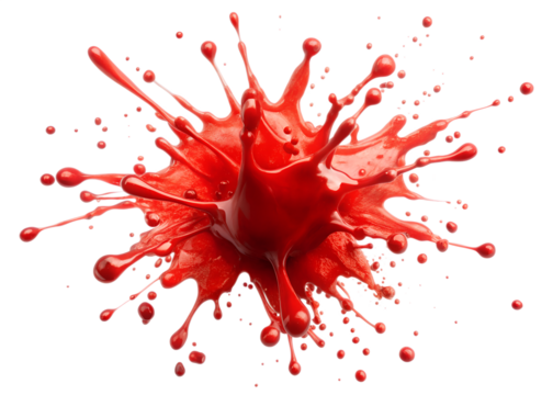 A vibrant splash of red paint creates an abstract and artistic design element isolated on transparent background
