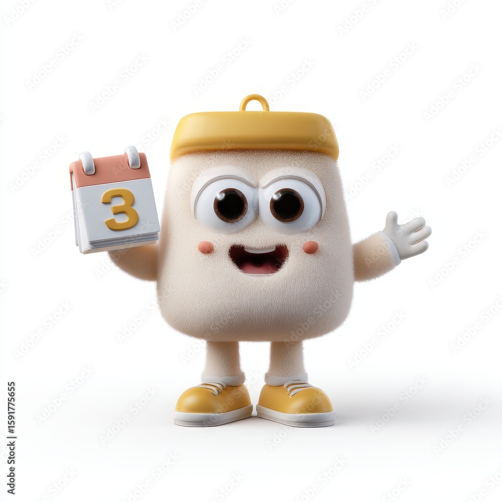 Poster animated calendar character holding date symbol with cheerful expression
