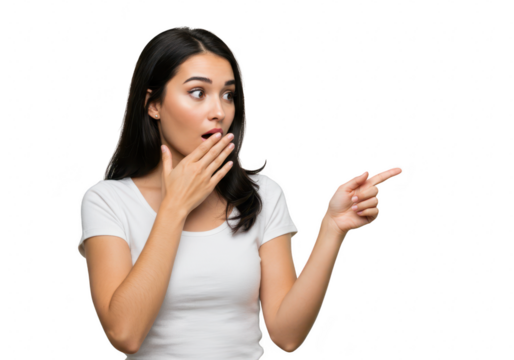 A surprised woman with dark hair points to the side with her finger, isolated on a transparent background - Powered by Adobe