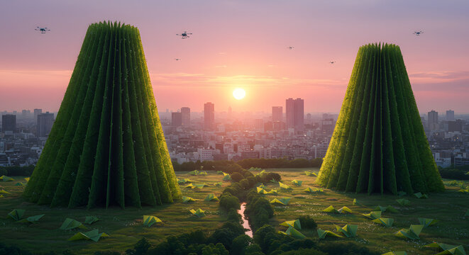 Visionary Eco-Design: Organic Architecture Rising Above a Lush Green Cityscape with Drones