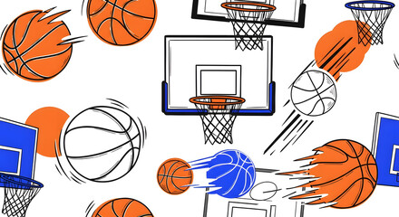 Dynamic Basketball Action: Seamless Pattern of Hoops, Nets, and Flying Balls