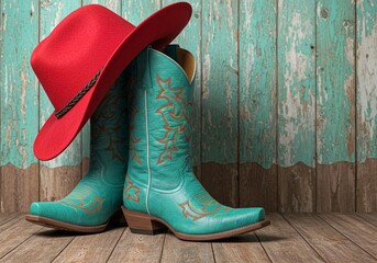 red cowboy boots, Red cowboy hat rests blue ornate embroidered boots on wood background. Western fashion clothes apparel, rustic country symbols for saloon, ranch party, line dance. Cowboy or cowgirl 