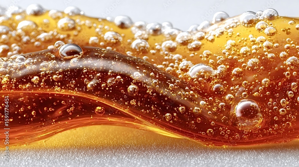 Poster golden, viscous liquid flowing and forming bubbles on the surface, creating an abstract pattern with