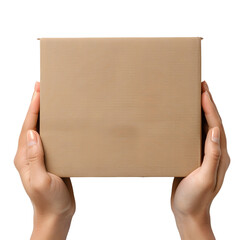 Brown Cardboard Box Held by Hands from Overhead View Isolated on Transparent or White Background, PNG