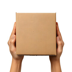 Brown Cardboard Box Held by Hands from Overhead View Isolated on Transparent or White Background, PNG
