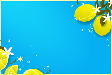Colorful lemon banner template. Hanging lemon fruit from branch with flowers and leaves and sliced lemons on corner with yellow frame on blue backdrop. Citrus fruit banner template. Vector.
