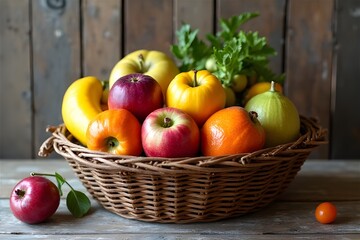 Mixed fruits in a wicker basket inside an old house