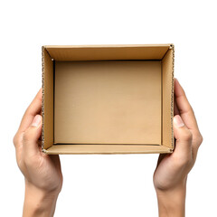 Cardboard Paper Box in Young Male Hands Viewed from Above Isolated on Transparent or White Background, PNG