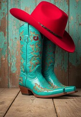 boots and cowboy boots, Red cowboy hat rests blue ornate embroidered boots on wood background. Western fashion clothes apparel, rustic country symbols for saloon, ranch party, line dance. Cowboy or co