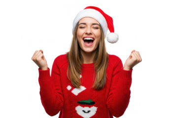 Excited young woman in a santa hat and red sweater cheering with fists raised, isolated on transparent background