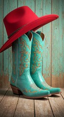 red cowboy boots, Red cowboy hat rests blue ornate embroidered boots on wood background. Western fashion clothes apparel, rustic country symbols for saloon, ranch party, line dance. Cowboy or cowgirl 