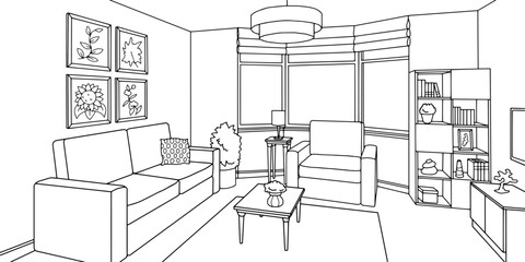 Fototapeta premium Living room graphic black white home interior sketch illustration vector 