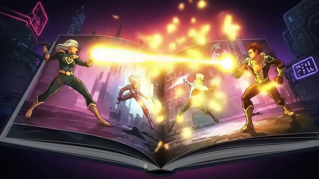 Dynamic comic-style illustration of superheroes battling in a futuristic cityscape, showcasing action