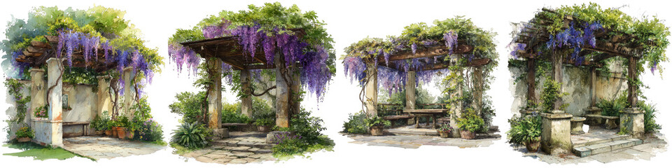 Naklejka premium Charming garden pergolas adorned with vibrant wisteria flowers on transparent background