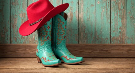 cowboy boots and cowboy hat, Red cowboy hat rests blue ornate embroidered boots on wood background. Western fashion clothes apparel, rustic country symbols for saloon, ranch party, line dance. Cowboy 