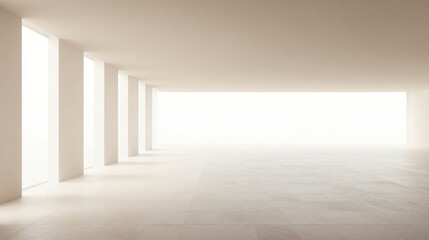 Bright, empty hall with sunlight pouring through tall, narrow windows