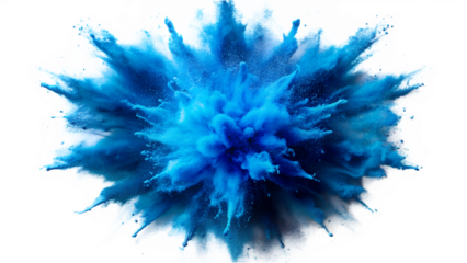 A vibrant explosion of blue powder isolated on transparent background creates an abstract and dynamic design
