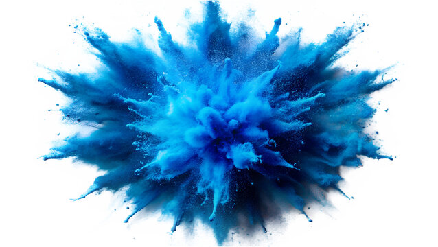 A vibrant explosion of blue powder isolated on transparent background creates an abstract and dynamic design