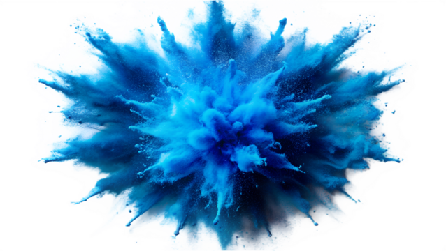 A vibrant explosion of blue powder isolated on transparent background creates an abstract and dynamic design