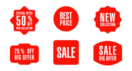 Set of new stickers, sale tags and labels. Shopping stickers and badges for merchandise and promotion, special offer, new collection, discount etc. Red stickers for web banners