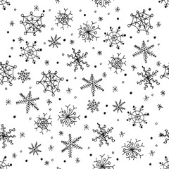 A seamless pattern featuring hand-drawn snowflakes in soft black line art on a clean white background. Light, airy, and minimal — perfect for winter textiles, gift wrap, apparel, stationery, decor