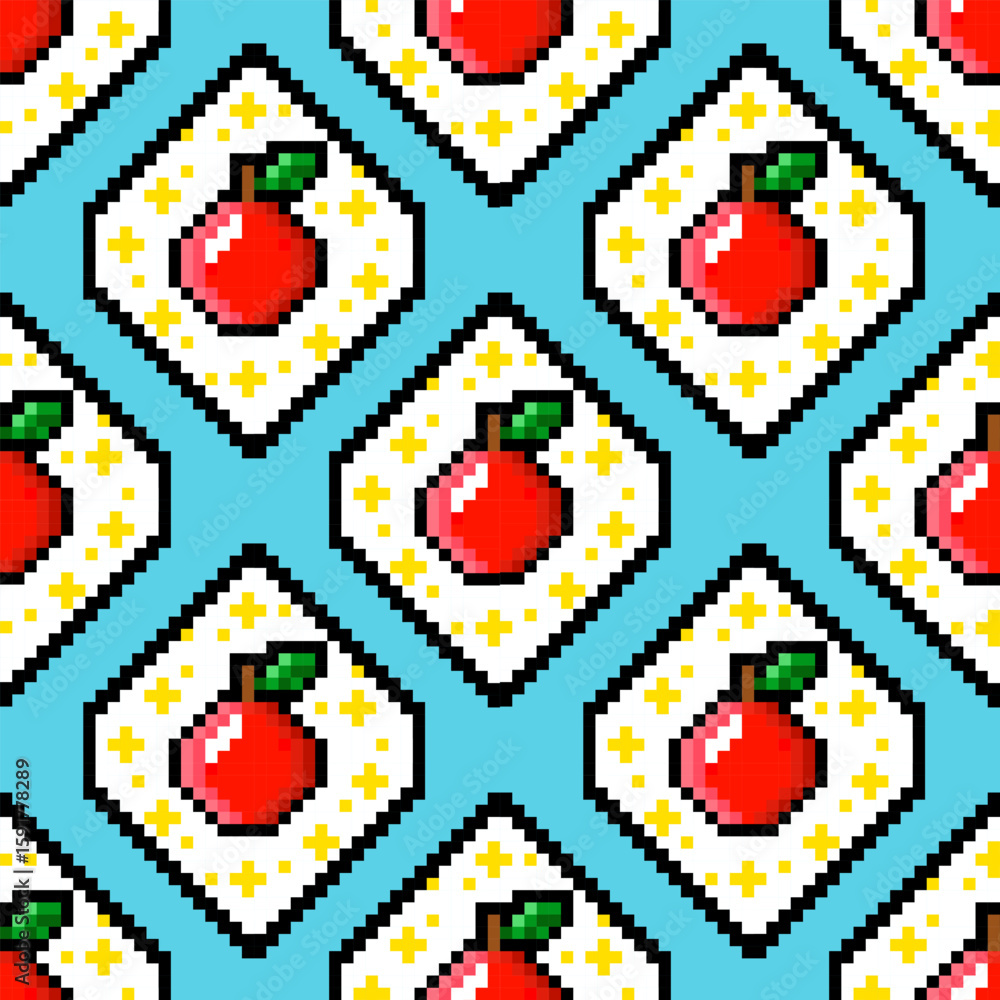 Poster seamless pattern featuring pixelated red apples and cross shapes on light blue backgrounds within a 