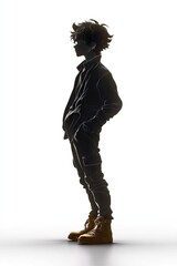 Obraz premium Silhouette of boy stands with hands in pockets, warmly lit from behind
