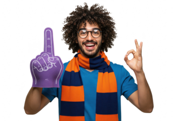 An excited man wearing a scarf and holding a foam finger gives an okay sign, isolated on a transparent background