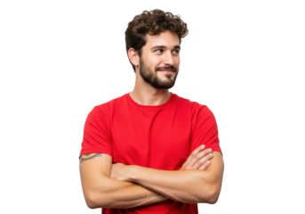 A man with curly hair and a beard in a red tshirt stands with his arms crossed, looking away, isolated on a transparent background