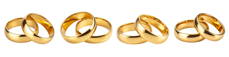 Collection set of Two gold wedding rings isolated on transparent background