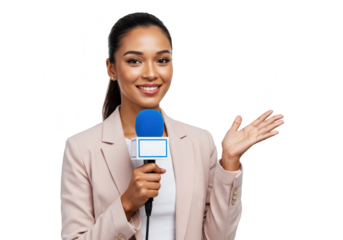 A smiling female news reporter holds a microphone and gestures, ready to deliver a report, isolated on a transparent background