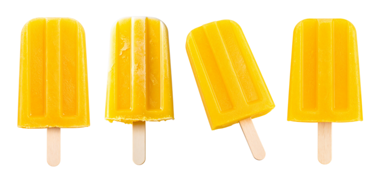 Collection set of Frozen yellow popsicle or ice cream bar on wooden stick isolated on transparent background