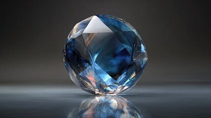 Faceted, large, blue-tinged gem on smooth gray surface