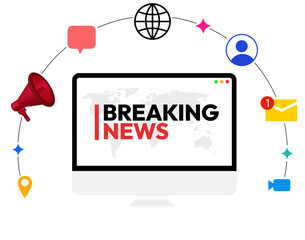 Breaking News showing on the computer screen with world map and floating icons, megaphone, global, message. News, alert