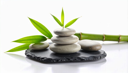 Obraz premium Zen Stone Balance With Bamboo And Green Leaves