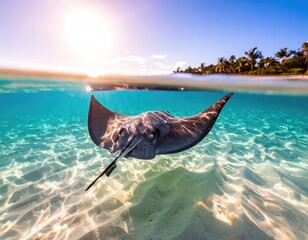 Fototapeta premium Underwater ray, sunlit turquoise