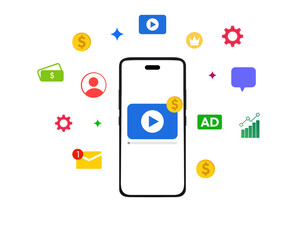 Earning through video monetization concept on the smartphone screen with colorful floating designs, message, graph
