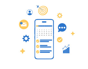 Checklist items showing on the smartphone screen with target, goals and message infographics floating, png