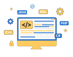 Coding and programming concept transparent png with computer screen and multiple floating shapes, java, php, C sharp