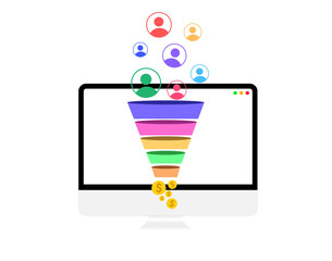 Computer screen showing funnel conversions into money, leads, business, growth, elements, png