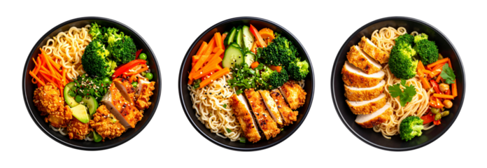 Collection set of Black bowl with noodles and fried chicken with vegetables isolated on transparent background, top view