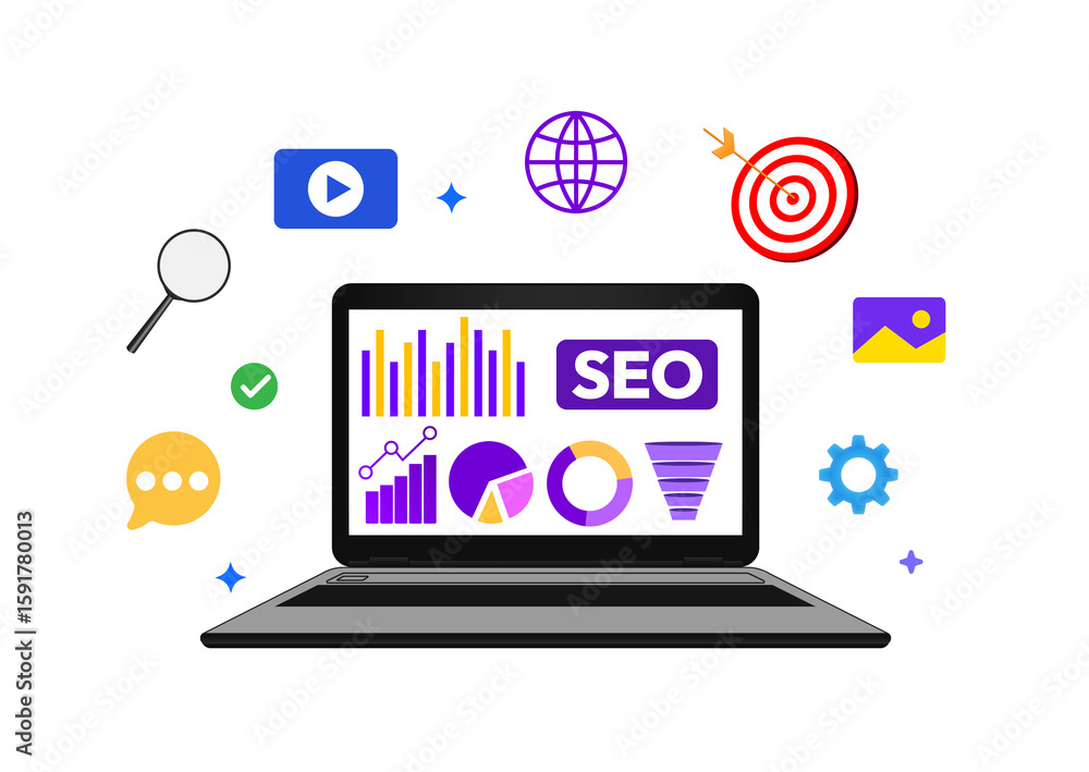 Poster search engine optimization concept showing on the laptop screen with colorful floating designs, targ