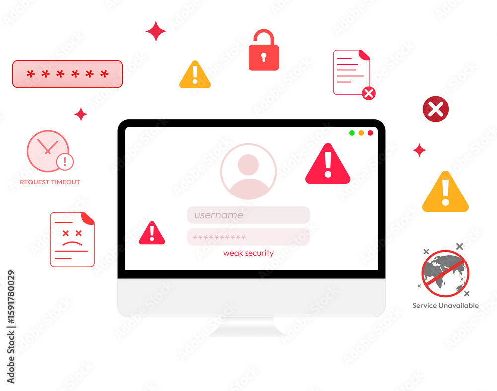 Poster weak security concept with login and failed attempt on the computer screen, threat, virus, compromis