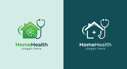 Home health care logo concept presents a stethoscope and house symbol, ideal for medical service branding and healthcare company identity.