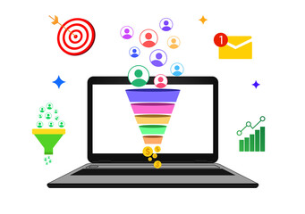 Leads, funnels, profit, growth, results, strategy, marketing, graph, laptop. Modern business growth concept design transparent